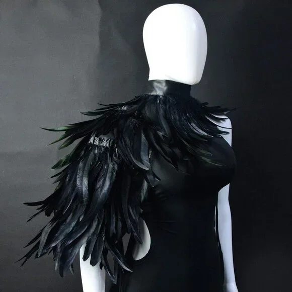 Women Feather Cape Shawl Costume Black Witch Wings Collar Adult Crow Neck - Picture 8 of 8